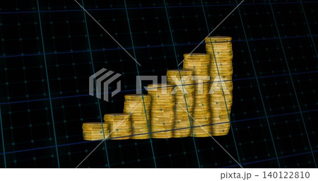 Displaying seven-eight gold coin stacks rising on dark grid plane, with curved green trend lines 140122810