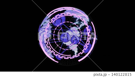 Spinning dotted globe floating against black void, showing magenta rings, node icons and links Spinning dotted globe floating against black void, showing magenta rings, node icons and links 140122815
