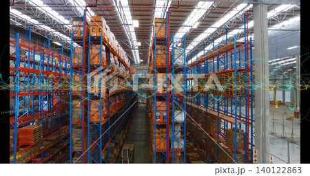 Displaying central aisle with blue frames and orange beams on pallet racking, waveform overlay Displaying central aisle with blue frames and orange beams on pallet racking, waveform overlay 140122863