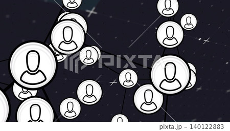 Connecting cluster of avatar badges forming network on dark starry background, with connector lines 140122883