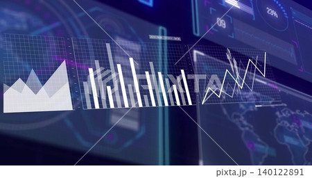 Displaying translucent dashboard panels across virtual command center, with area, bar, line charts 140122891