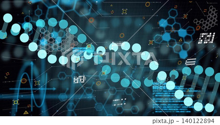 Displaying turquoise-node DNA-helix winding across virtual dashboard, with hex-lattice and code Displaying turquoise-node DNA-helix winding across virtual dashboard, with hex-lattice and code 140122894