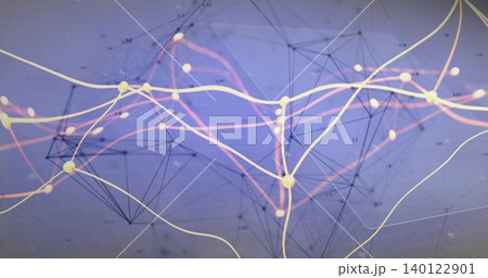 Displaying centered abstract network on digital display, showing glowing nodes, ribbons, mesh grid Displaying centered abstract network on digital display, showing glowing nodes, ribbons, mesh grid 140122901