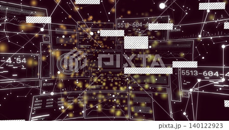 Displaying central translucent UI panels floating in 3D data space, showing gauge and particles 140122923