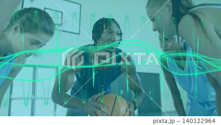Holding basketball, center leading team on gym court in tanks and shorts, with waveform overlay 140122964