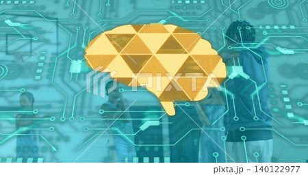 Overlaying yellow brain over gym court, showing teal circuit and players in jerseys and shorts Overlaying yellow brain over gym court, showing teal circuit and players in jerseys and shorts 140122977