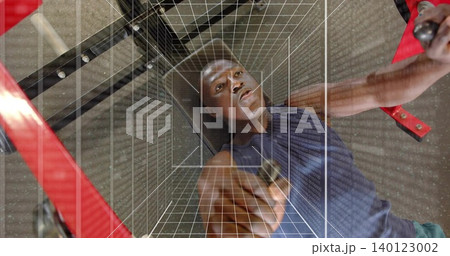 Pressing man wearing sleeveless navy top, shorts on bench at gym, barbell, red rack, wireframe 140123002
