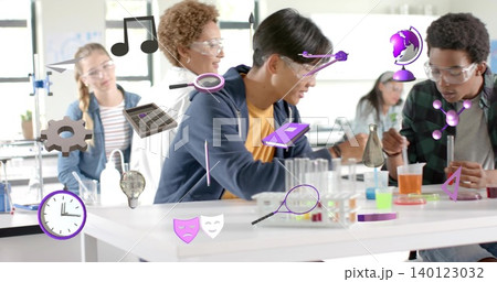 Mixing students wearing goggles and casual clothes in school lab, using test tubes, purple AR icons 140123032
