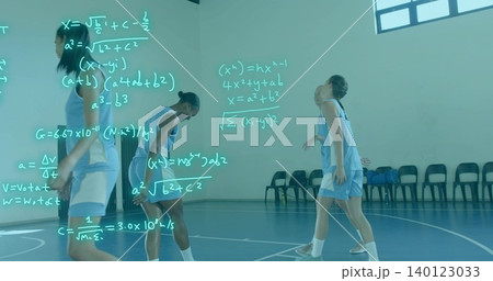 Training five athletes in blue basketball kits at school gym, with equations over left and bags 140123033