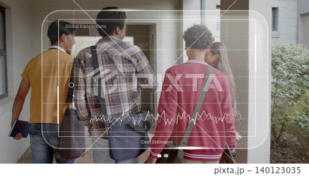 Walking four students in casual clothes carrying blue notebook and bags along corridor, HUD overlay 140123035