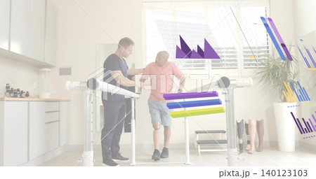 Clinician helping patient wearing pink polo shorts in clinic with prosthetic leg on bars, limb rack Clinician helping patient wearing pink polo shorts in clinic with prosthetic leg on bars, limb rack 140123103