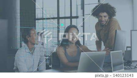 Working team in business wear leaning over laptops pointing at screen in modern office data overlay 140123143