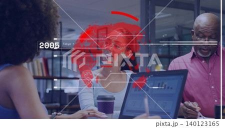 Discussing data, Korean woman holding coffee, gesturing at laptop in meeting with HUD overlays 140123165