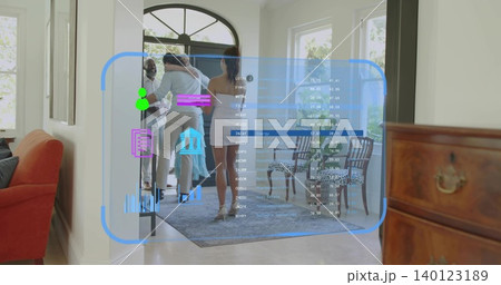 Greeting group hugging and chatting at home entryway, woman in short white dress, AR overlay Greeting group hugging and chatting at home entryway, woman in short white dress, AR overlay 140123189