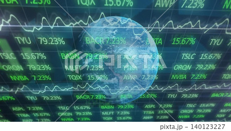 Displaying Earth globe rotating over dark grid display, with tickers, percent values and sparklines Displaying Earth globe rotating over dark grid display, with tickers, percent values and sparklines 140123227
