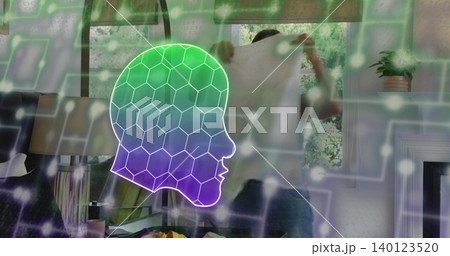 Glowing neon hologram head hovering in living room, man wearing jeans holding white shirt Glowing neon hologram head hovering in living room, man wearing jeans holding white shirt 140123520