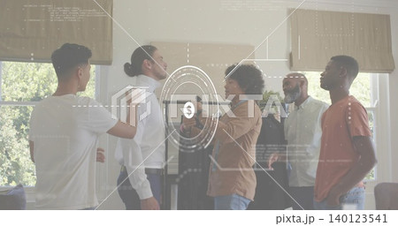 Filming five men adjusting shirt with measuring tool in living room, clothing rack and HUD graphics 140123541