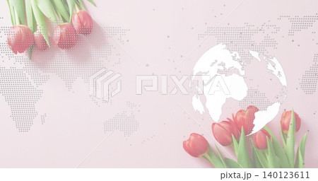 Resting red tulip cluster overlapping pastel pink surface, with white globe silhouette, copy space Resting red tulip cluster overlapping pastel pink surface, with white globe silhouette, copy space 140123611