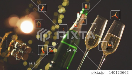 Displaying green champagne bottle tilting with two flutes popped cork on bar top orange UI overlays Displaying green champagne bottle tilting with two flutes popped cork on bar top orange UI overlays 140123662
