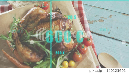 Showing whole roasted chicken with rosemary and tomatoes on pale-blue table, teal overlay labels Showing whole roasted chicken with rosemary and tomatoes on pale-blue table, teal overlay labels 140123691