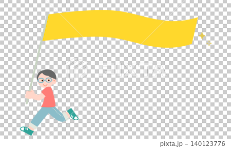 旗を持って走る子供 先頭で仲間を導くリーダーのイメージ 旗を持って走る子供 先頭で仲間を導くリーダーのイメージ 140123776