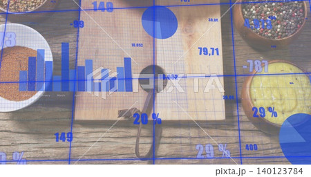 Showing cutting board with metal spoon and three bowls on wooden tabletop with blue data overlay Showing cutting board with metal spoon and three bowls on wooden tabletop with blue data overlay 140123784