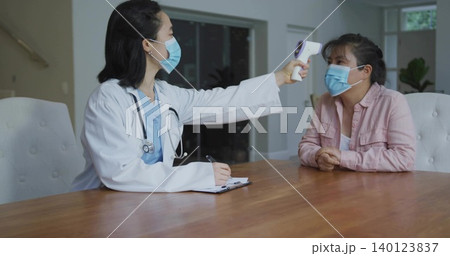 Measuring clinician in white coat, mask checking patient temp at wooden table, with IR thermometer Measuring clinician in white coat, mask checking patient temp at wooden table, with IR thermometer 140123837