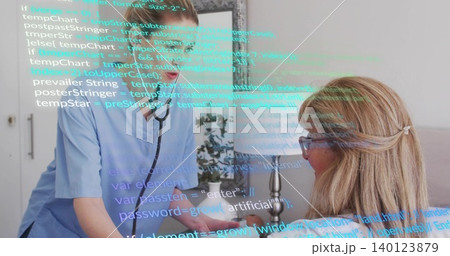 Leaning nurse in scrubs listening with stethoscope to senior with glasses at home, code overlay Leaning nurse in scrubs listening with stethoscope to senior with glasses at home, code overlay 140123879
