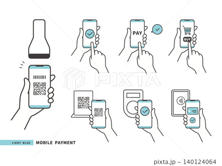 スマホ決済・キャッシュレス決済のアイコンセット（QRコード・NFC・非接触決済）水色セット 140124064