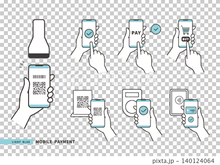 スマホ決済・キャッシュレス決済のアイコンセット（QRコード・NFC・非接触決済）水色セット 140124064