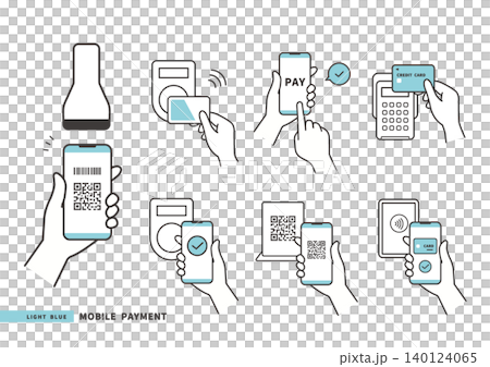 Icon set for cashless payments and credit card payments (smartphone, QR code, contactless payment) - light blue set Icon set for cashless payments and credit card payments (smartphone, QR code, contactless payment) - light blue set 140124065