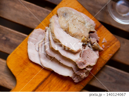 Pieces of boiled lean pork, baked homemade diet ham 140124067
