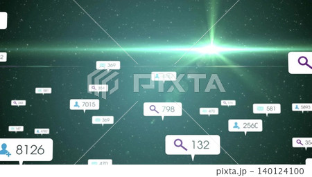 Floating white callout displaying search icon and 132 in 3D data space, with user, envelope icons Floating white callout displaying search icon and 132 in 3D data space, with user, envelope icons 140124100