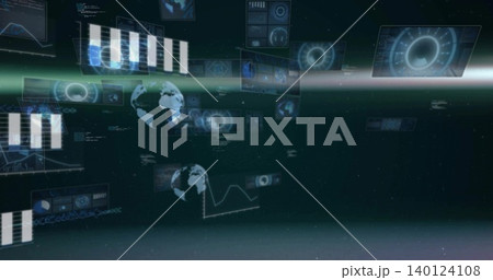 Floating holographic UI panels hovering above planetary horizon, displaying globes, charts, radars Floating holographic UI panels hovering above planetary horizon, displaying globes, charts, radars 140124108