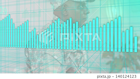 Viewing soldier wearing camouflage and patrol cap in command display with cyan bar columns and grid Viewing soldier wearing camouflage and patrol cap in command display with cyan bar columns and grid 140124123