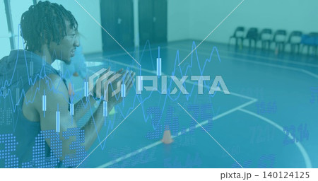 Clapping athlete in sleeveless top, leaning at gym court with cone and charts overlay, copy space Clapping athlete in sleeveless top, leaning at gym court with cone and charts overlay, copy space 140124125