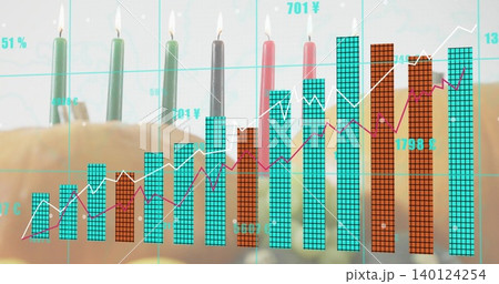 Showing frosted cake topped by seven lit candles on tabletop, bar chart overlay with cyan grid Showing frosted cake topped by seven lit candles on tabletop, bar chart overlay with cyan grid 140124254