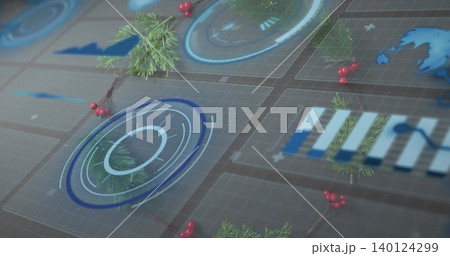 Displaying circular HUD target glowing blue on glass grid tiles with pine sprigs and red berries Displaying circular HUD target glowing blue on glass grid tiles with pine sprigs and red berries 140124299
