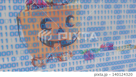 Displaying orange character wearing pink crown on metal shutter, showing blue binary overlay 140124320