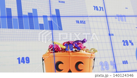 Showing small orange jack-o-lantern bucket on studio tabletop, holding foil candies amid blue chart Showing small orange jack-o-lantern bucket on studio tabletop, holding foil candies amid blue chart 140124346