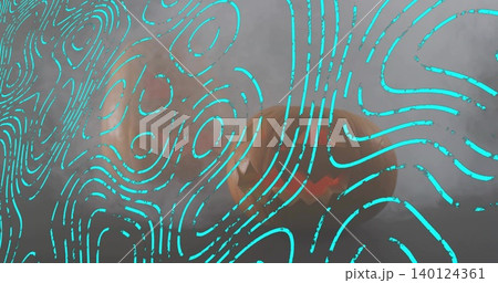 Showing turquoise dashed lines on fogged panel in display, revealing orange object with red zigzag Showing turquoise dashed lines on fogged panel in display, revealing orange object with red zigzag 140124361