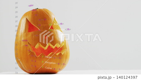 Sitting cut pumpkin on white-tabletop by pale-gray wall, code showing Hacker Encryption, copy space Sitting cut pumpkin on white-tabletop by pale-gray wall, code showing Hacker Encryption, copy space 140124397