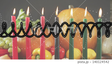 Displaying seven lit taper candles glowing on tabletop, with pumpkins, squash and graphic overlay 140124542