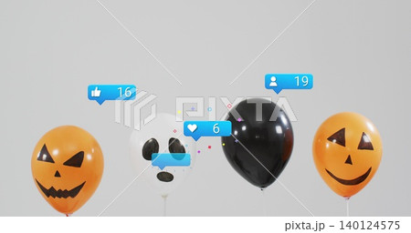 Floating pumpkin, ghost and black balloons drifting across gray backdrop with notification icons Floating pumpkin, ghost and black balloons drifting across gray backdrop with notification icons 140124575
