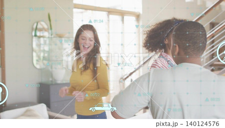 Laughing woman in mustard sweater gesturing with two friends in bright living room, HUD overlay Laughing woman in mustard sweater gesturing with two friends in bright living room, HUD overlay 140124576