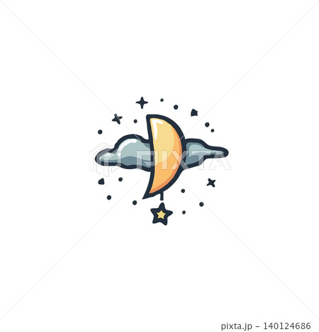 A charming illustration depicts a crescent moon gently resting on a fluffy cloud. A single star dangles sweetly from the moon, creating a tranquil and whimsical scene. Perfect for children's 140124686