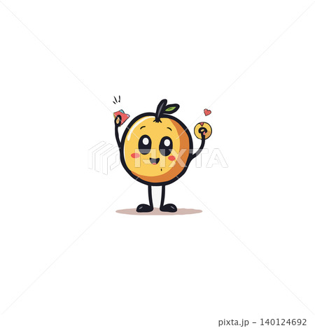 This whimsical illustration features an animated orange character joyfully juggling sweets. The cute design evokes a sense of cheerful fun and lightness, perfect for adding a playful touch to This whimsical illustration features an animated orange character joyfully juggling sweets. The cute design evokes a sense of cheerful fun and lightness, perfect for adding a playful touch to 140124692