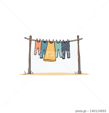 A cute cartoon illustration featuring colorful clothes hanging on a simple clothesline. This evokes a sense of domesticity, cleanliness, and the simple pleasures of daily life. The style is minimal, A cute cartoon illustration featuring colorful clothes hanging on a simple clothesline. This evokes a sense of domesticity, cleanliness, and the simple pleasures of daily life. The style is minimal, 140124693