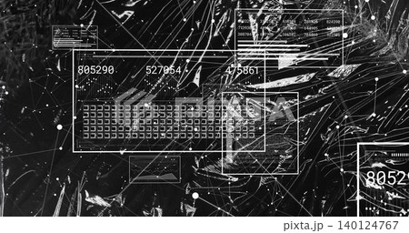 Displaying central white-outlined data panel centering on black backdrop, with grid, numbers, nodes Displaying central white-outlined data panel centering on black backdrop, with grid, numbers, nodes 140124767