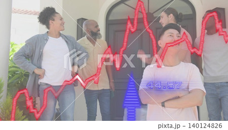 Standing five men in jeans and tees at arched house entrance, red and blue overlays Standing five men in jeans and tees at arched house entrance, red and blue overlays 140124826